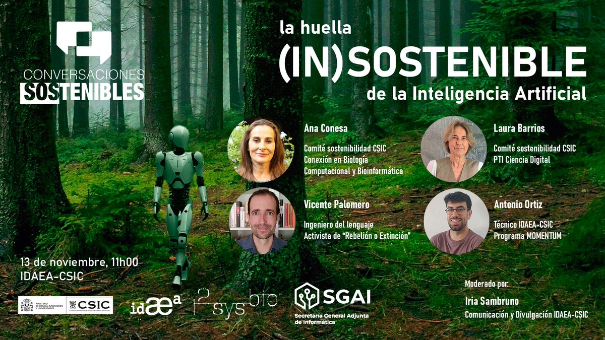 CSICCat's tweet image. El dilema de la #IA 
Puede ayudarnos, pero ¿qué hay desde el punto de vista #climático y energético? 
Hoy, a las 11h en @IDAEA_CSIC, sesión del ciclo Conversaciones SOStenibles, con la mesa redonda &quot;La huella (IN)SOSTENIBLE de la inteligencia artificial&quot;
idaea.csic.es/event/la-huell…
