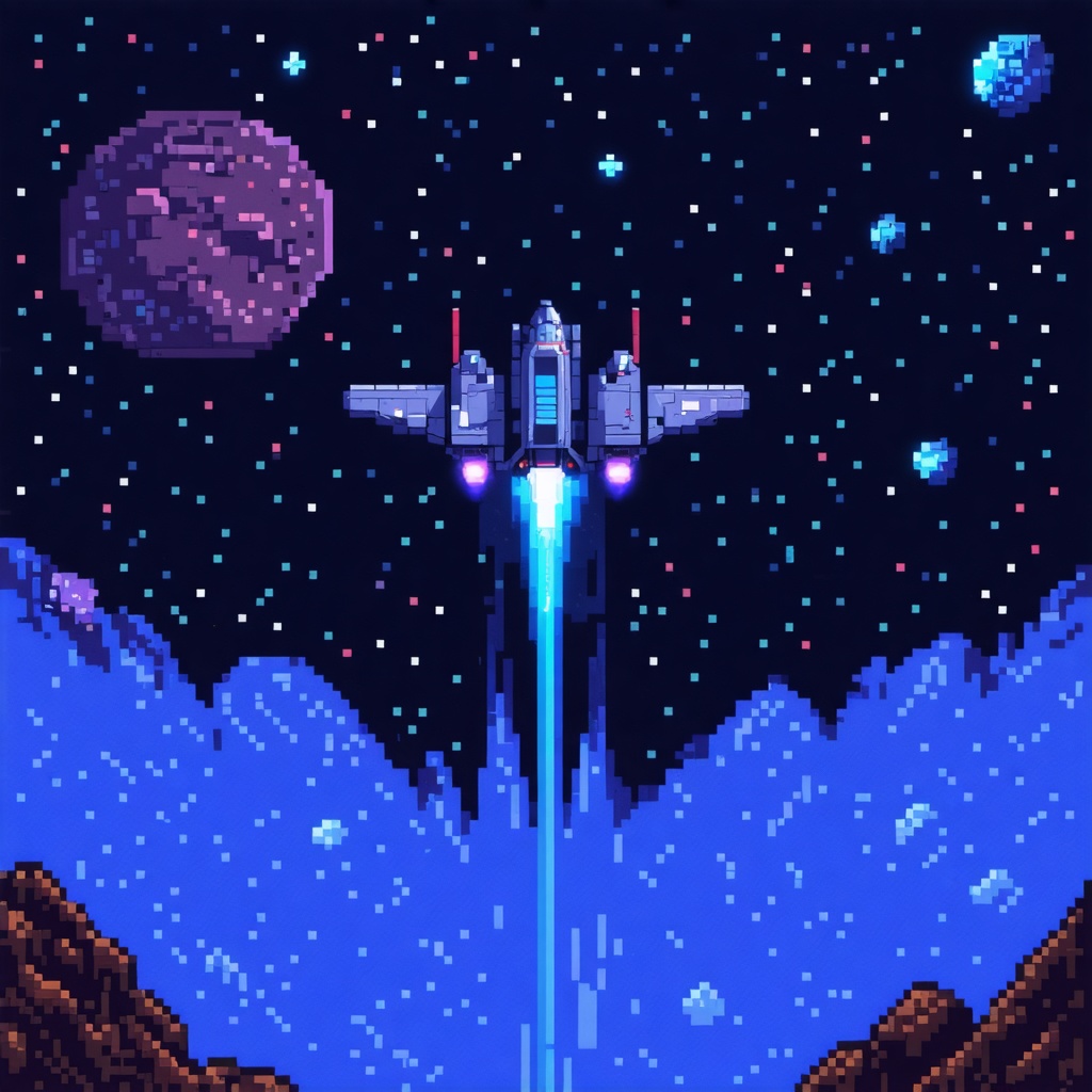 xx_minds's tweet image. A pixel art spaceship flying through a neon 8-bit asteroid field. #ai #aiart #generativeart