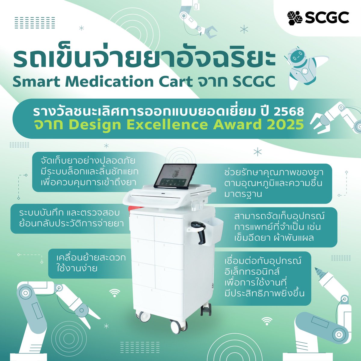 SCGC ออกแบบนวัตกรรมและโซลูชันเพื่อยกระดับคุณภาพชีวิตของผู้คน

นำนวัตกรรม “รถเข็นจ่ายยาอัตโนมัติ” คว้ารางวัล ชนะเลิศการออกแบบยอดเยี่ยม ปี 2568 (Design Excellence Award : DEmark Award) ในกลุ่มสินค้าอุตสาหกรรมและเทคโนโลยี 

อ่านเพิ่มเติม bit.ly/4oGuJkS