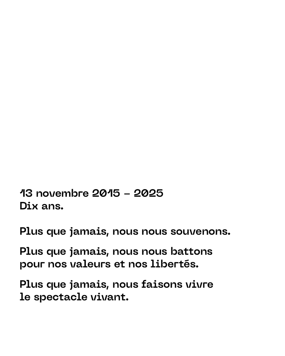 StadeFrance's tweet image. 13 novembre 2015 - 2025
Dix ans.

Plus que jamais, nous nous souvenons.
Plus que jamais, nous nous battons pour nos valeurs et nos libertés.
Plus que jamais, nous faisons vivre le spectacle vivant.