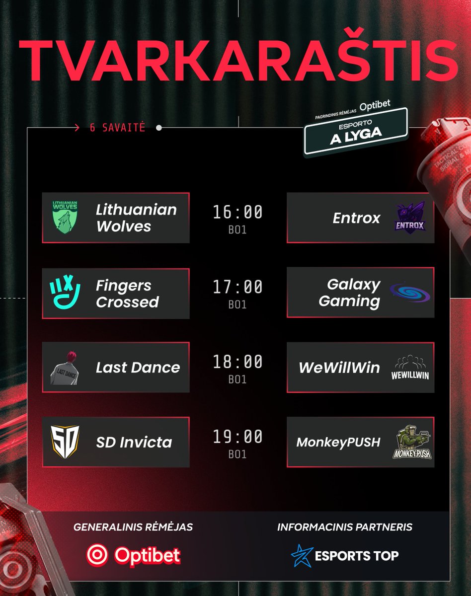 esportolyga's tweet photo. 🟢 Sekmadienį – šeštoji „A lygos“ savaitė!
16:00 #LithuanianWolves VS #Entrox
17:00 @FxCrossed VS @GalaxyGamingGG
18:00 #LastDance VS #WeWillWin
19:00 #SDInvicta VS #MonkeyPUSH
🎥 Stebėk kovas mūsų Twitch ir YouTube kanaluose:
https://t.co/Y8pQCbhzTW
https://t.co/uO0hhXeOGW https://t.co/gGsunIfDJ6