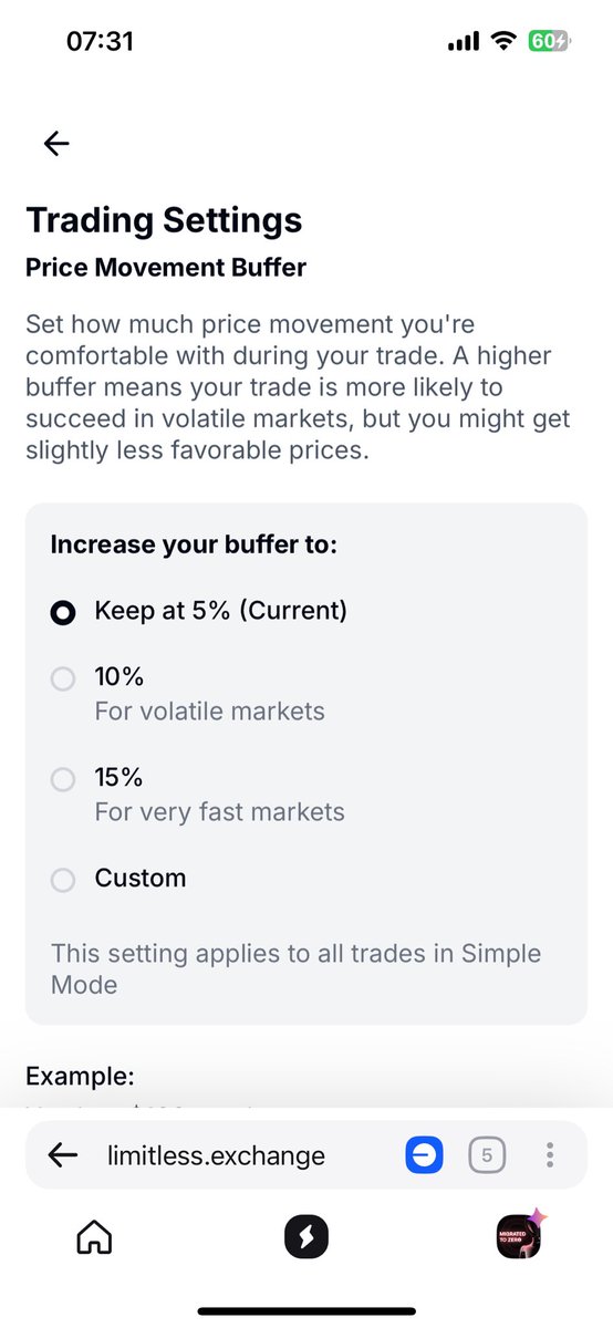 0x500k's tweet image. GM! ☀️ 

🚨 TRADING TIP: @trylimitless
What is the Price Movement Buffer?
It defines how much the price can shift during your trade execution in volatile markets (Simple Mode).

• ⬆️ Higher Buffer (10-15%): More likely to succeed in fast markets, but you risk slightly worse…