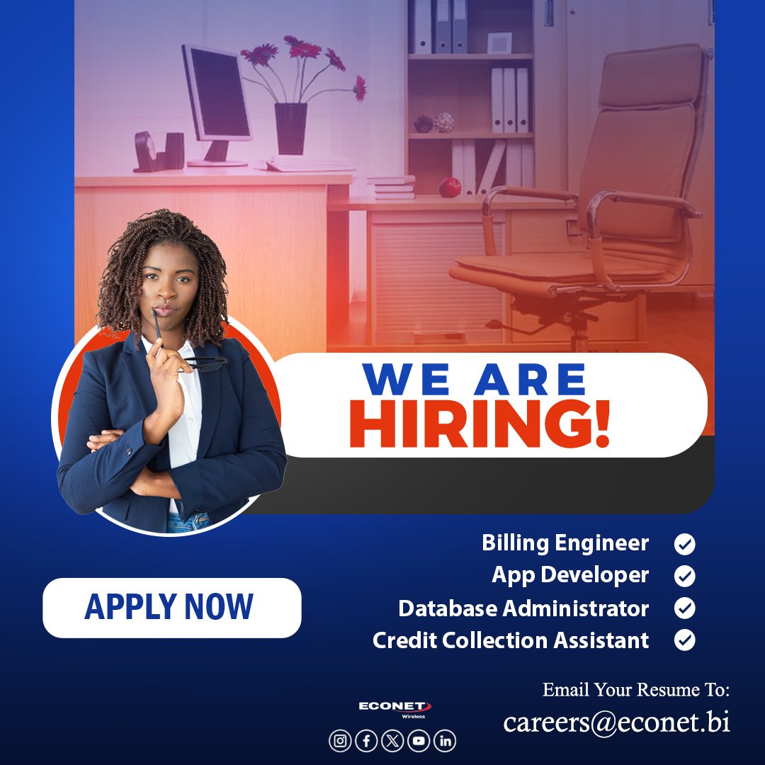 📢 Econet Wireless Burundi recrute ! 

Plusieurs postes ouverts : 
Credit &amp; Collections Assistant, App Developer, Database Administrator, et Billing Engineer. 

📅 Date limite : 18 nov 2025 à 17h.
💙 Postulez : careers@econet.bi
🔗 TDRs disponibles sur notre page LinkedIn.

#🚀