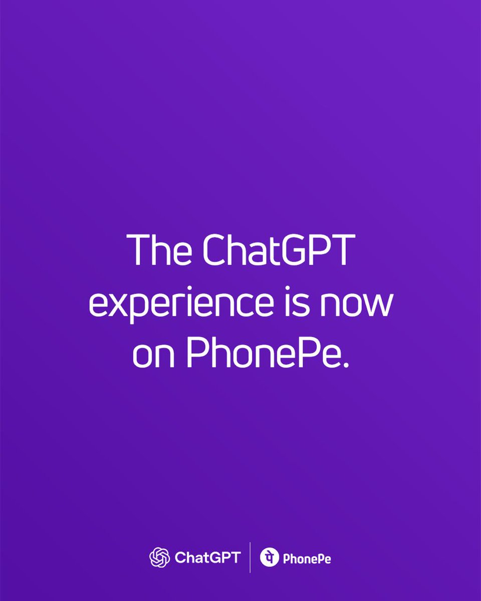 PhonePe's tweet image. Big news!  @PhonePe and @OpenAI are collaborating to bring ChatGPT to millions of users in India. Say hello to AI-powered assistance for your everyday life! 👋 #PhonePeXOpenAI #ChatGPT #IndiaTech

Read More: phonepe.com/press/phonepe-…