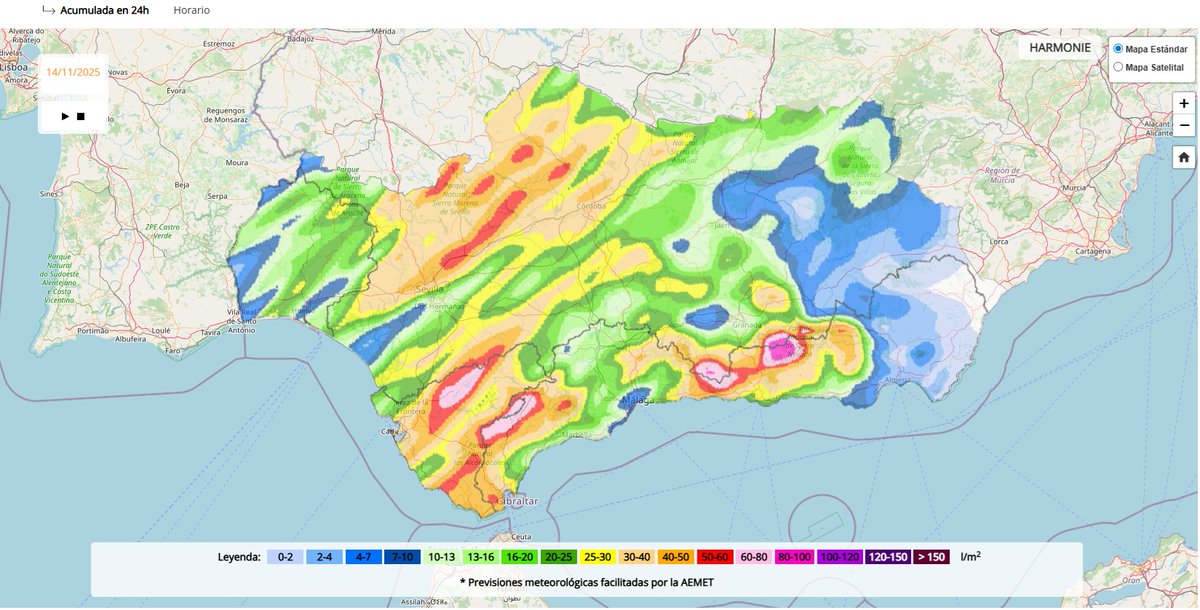 Mapas de previsión de precipitación acumulada en 24h para HOY y MAÑANA según el modelo HARMONIE-AROME facilitado por AEMET. redhidrosurmedioambiente.es/saih/prediccio…