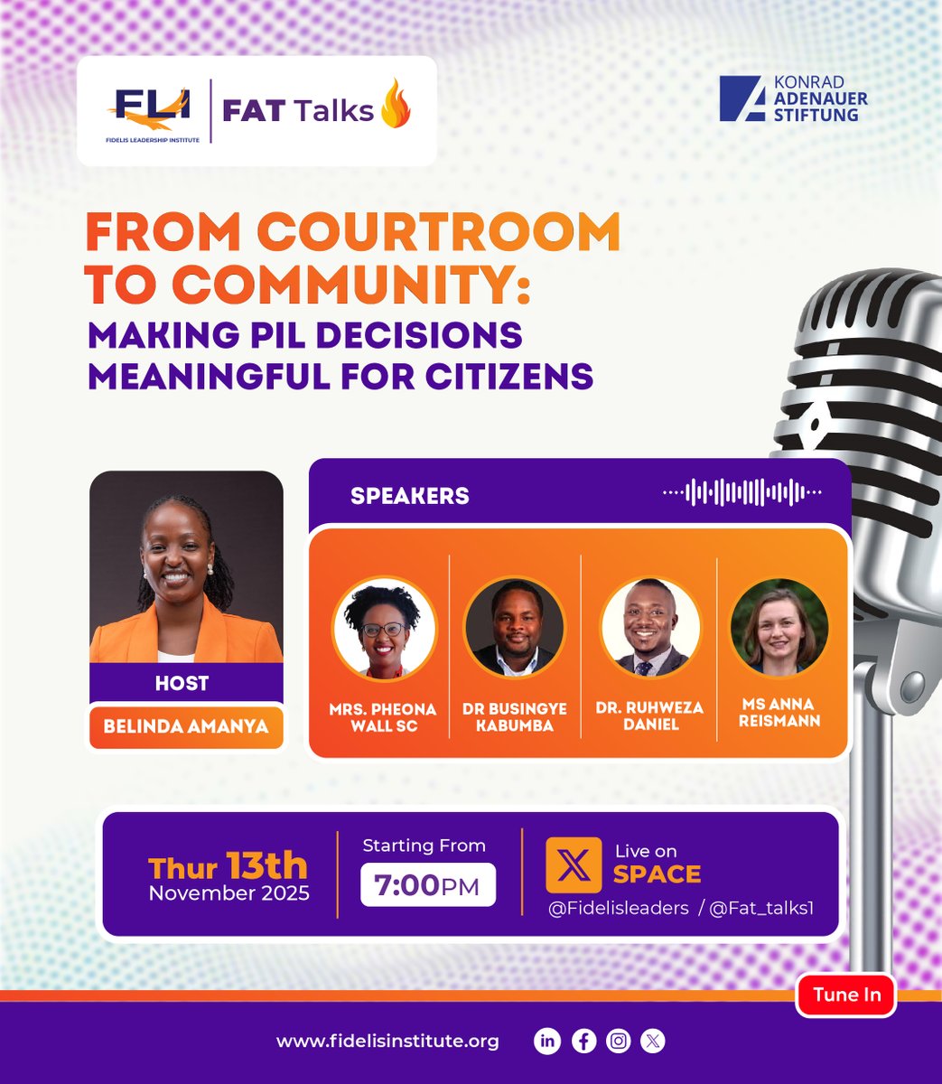 Fat_talks1's tweet image. Join us for FAT Talks by @FidelisLeaders  in partnership with @KasUganda !

 Topic: From Courtroom to Community: Making PIL Decisions Meaningful for Citizens

🗓️ Thur 13th Nov 2025 | ⏰ 7:00 PM (EAT)

📍 Live on X Spaces → x.com/i/spaces/1OwxW…
#FATTalks #PublicInterestLaw