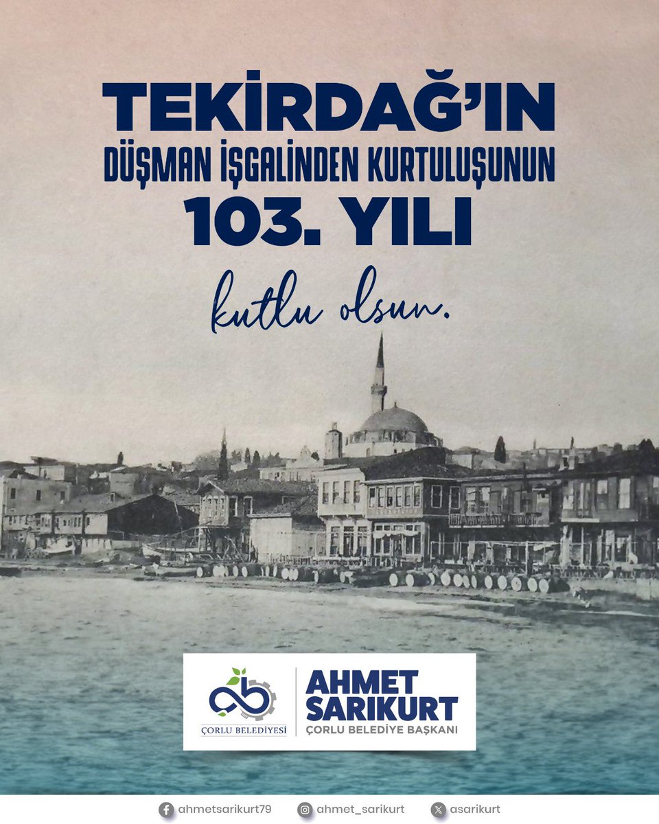 🇹🇷 Tekirdağ’ımızın düşman işgalinden kurtuluşunun 103. yıl dönümü kutlu olsun.

🇹🇷 Ulu Önderimiz Mustafa Kemal Atatürk ve silah arkadaşları başta olmak üzere, vatan topraklarını kanının son damlasına kadar savunmuş tüm kahramanlarımızı rahmet, minnet, saygı ve şükranla anıyorum.