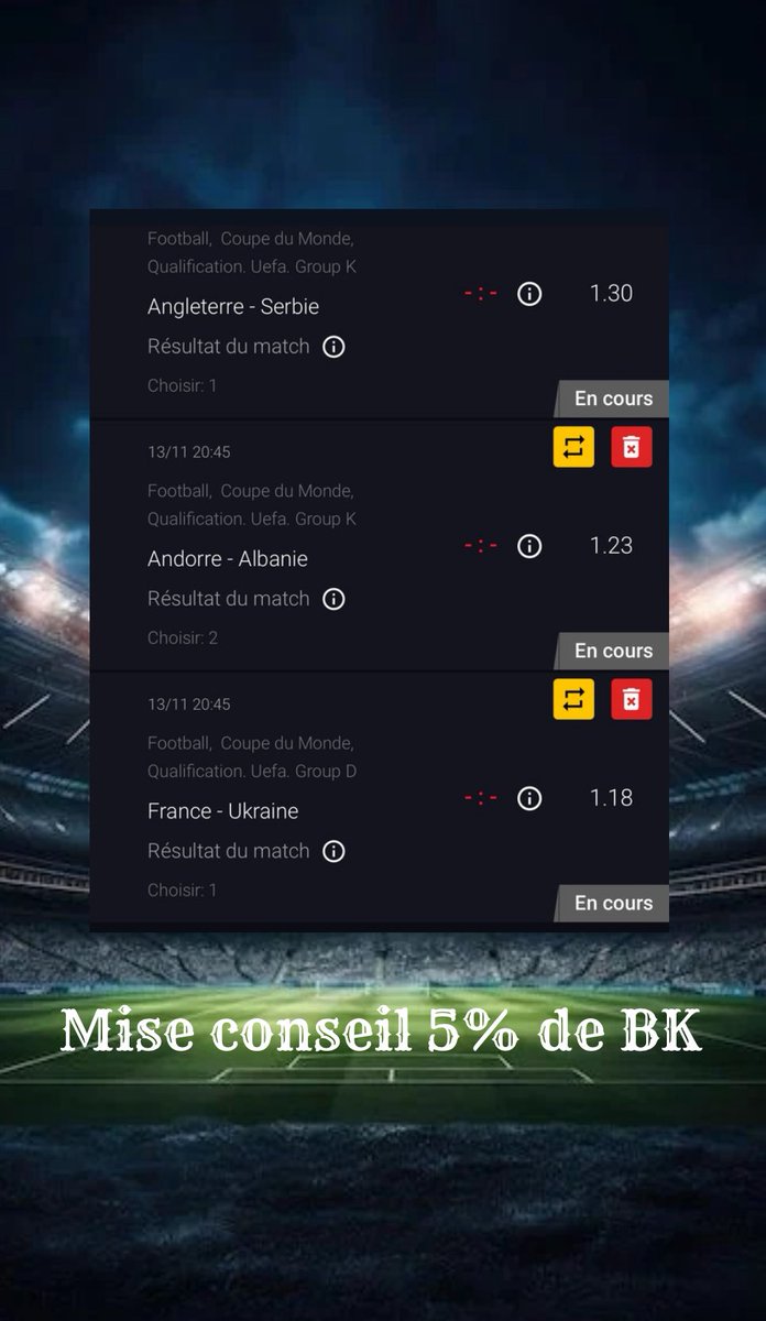 KBPronos51's tweet photo. 🎯 Pronostic du jour 🇬🇧🇦🇱🇫🇷

Aujourd’hui, on part sur un combo confiance 💪 :

✅ Victoire Angleterre 
✅ Victoire Albanie 
✅ Victoire France 

Une belle cote finale à 1.88 💸

Objectif : continuer sur la lancée et faire vibrer le ticket ! 💥⚽️

#TeamParieur #WorldCupQualifiers https://t.co/7xNuG94byv
