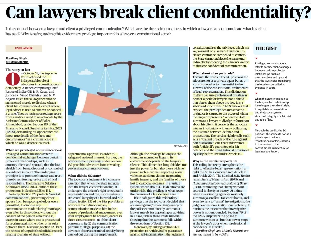 imRavikantYadav's tweet image. Can lawyers break client confidentiality?

:An informative article by Sh Kartikey Singh &amp;amp; Mukula Sharma

#lawyer #client #Confidentiality #NonDisclosure #PrivilegedCommunication
#BNSS #BSA #SupremeCourt #AdvocateClientPrivilege #FairDefence #SelfIncrimination #Undertrials

#UPSC