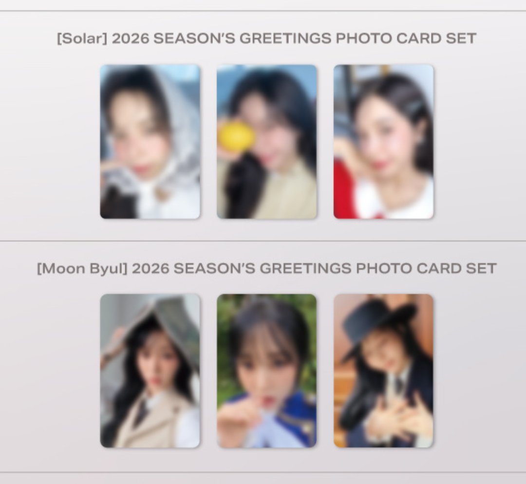 cikinmoss's tweet image. [HELP RT] SOLAR &amp;amp; MOONBYUL 2026 SEASON GREETINGS

DEADLINE : 18/11/2025 | 12PM

📌EXCLUDE SHIPPING

[1st Payment]
🐹🐰 - RM140 each

[2nd Payment Required]
est. &amp;lt;RM22 ems + local postage

💕POB : 3ea photocard set

DM if interested🤗

#pasarmamamoo #moonbyul #solar