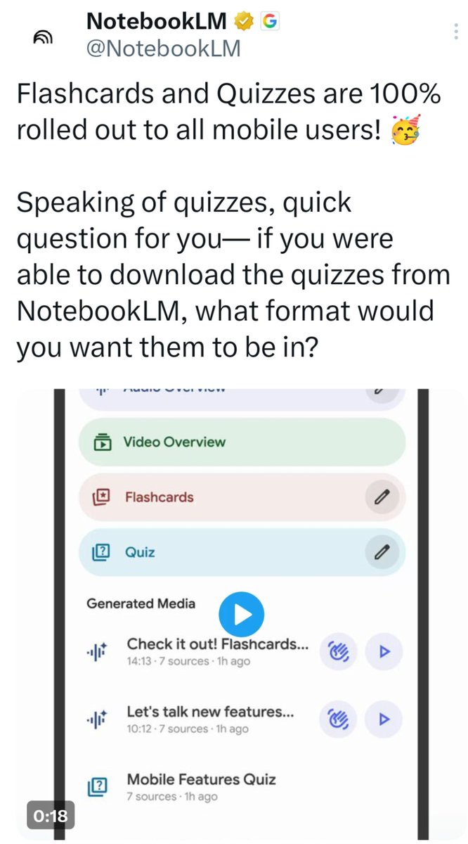 the_aiToolkit's tweet photo. NotebookLM’s new update makes studying and repurposing content easier:
Flashcards and Quizzes are now live for all mobile users. https://t.co/Q6tln15x31