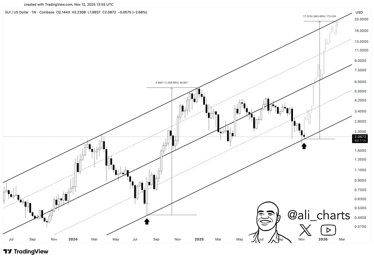 alicharts's tweet photo. The last time $SUI hit the channel’s bottom, it rallied 1,060%.

If history repeats itself, holding this level could spark an 860% move to $20. https://t.co/5DsjyAEpKK