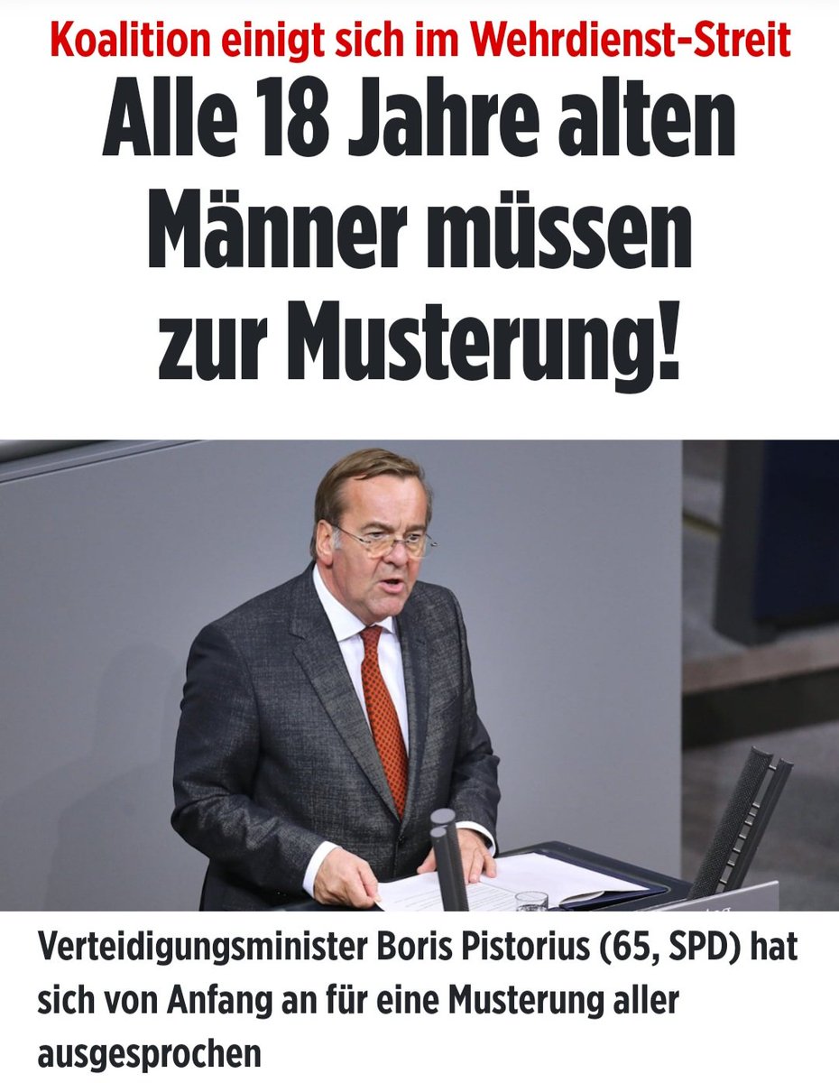 Nun ist es beschlossen:
ALLE 18-jährigen Männer müssen zur Musterung.
Da es NUR die Männer betrifft, können wir das Thema geschlechtliche Gleichstellung dann beenden?
Denn ganz offenbar gibt es diese nicht.