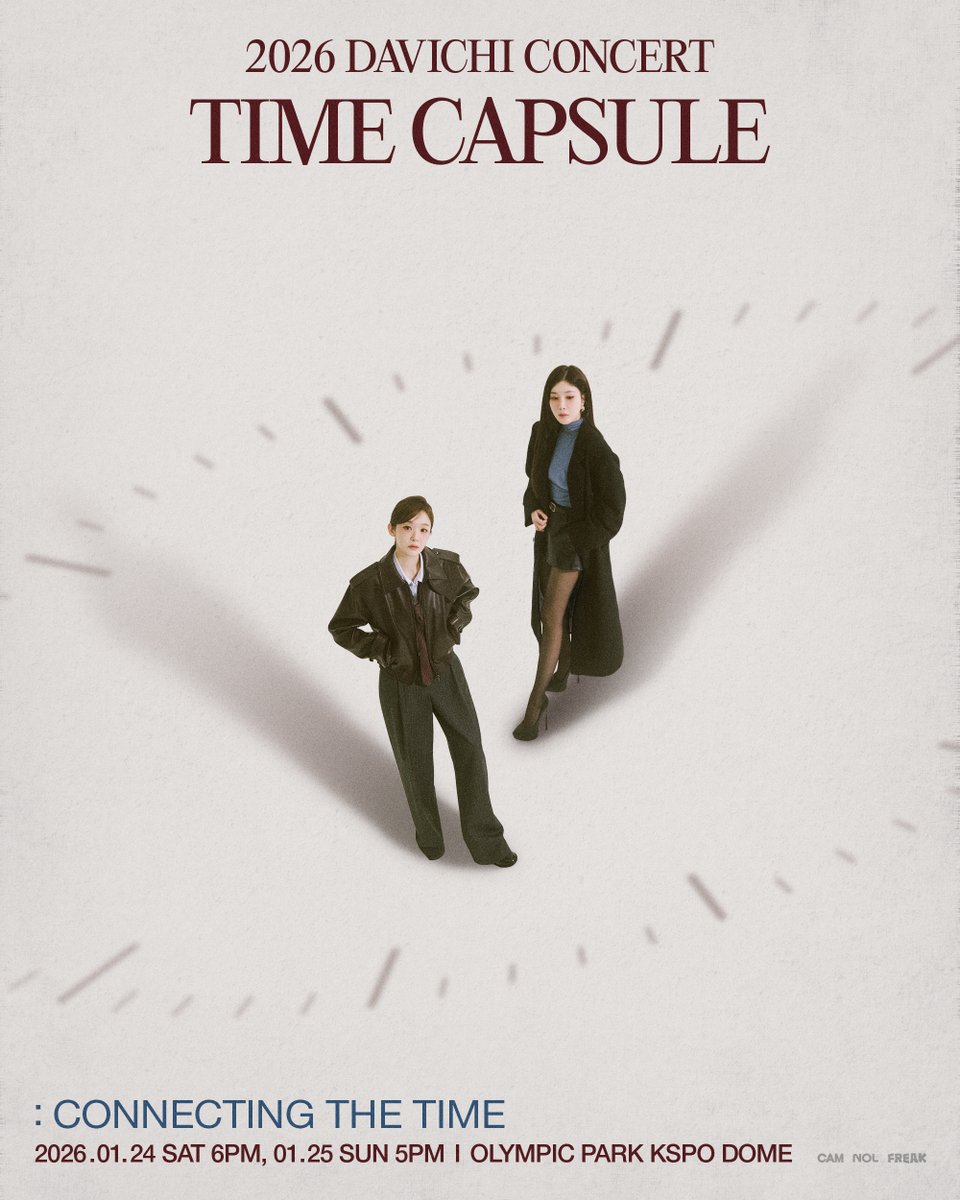 ͙.·☽ 2026 다비치 콘서트 <TIME CAPSULE : 시간을 잇다>

2026.01.24 (토) 6PM / 2026.01.25 (일) 5PM
📍OLYMPIC PARK KSPO DOME

tickets.interpark.com/contents/notic… 

#다비치 #DAVICHI
#타임캡슐 #TIMECAPSULE