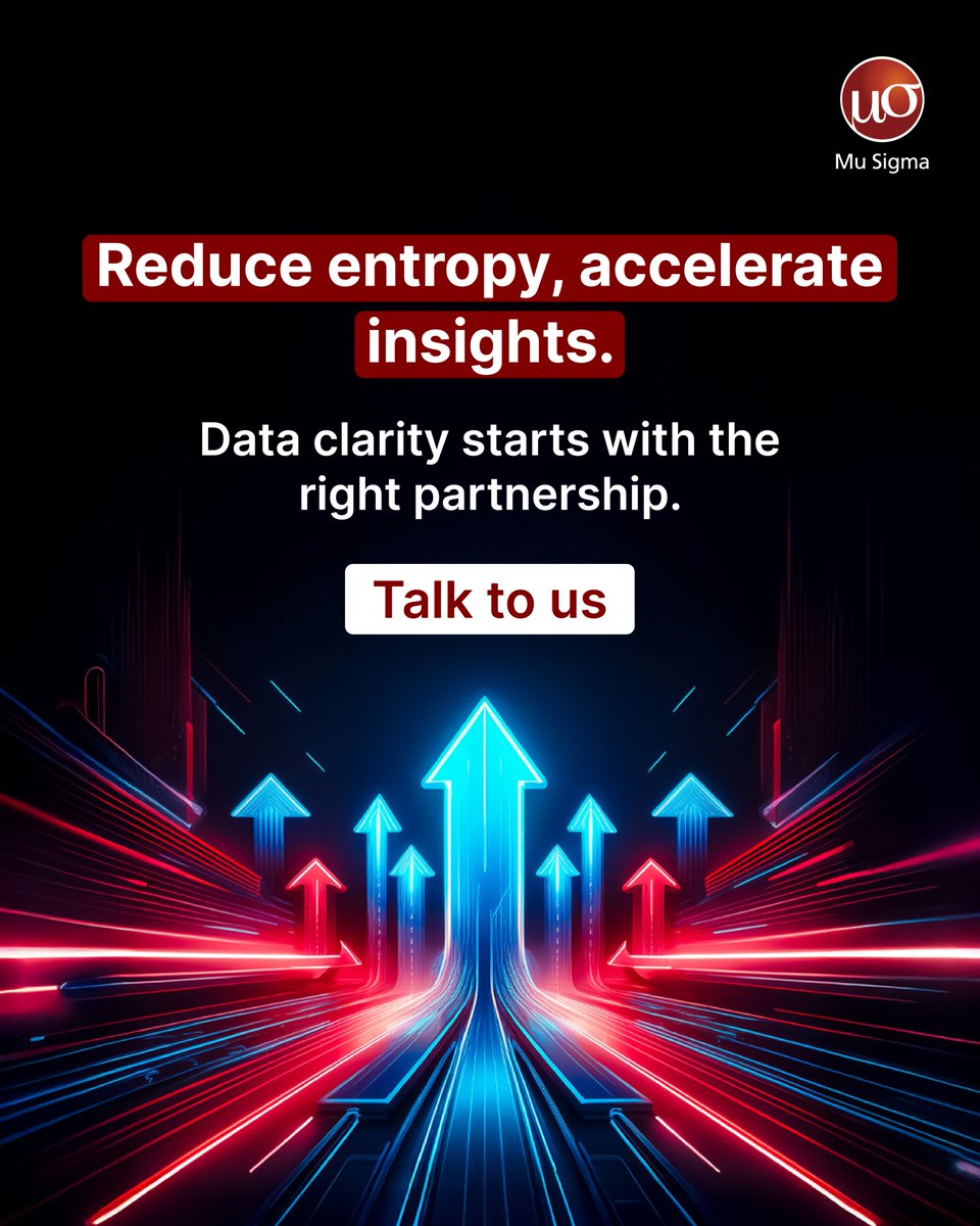 MuSigmaInc's tweet image. At Mu Sigma, we help organizations fight that entropy, bringing structure, speed, and intelligence to complex ecosystems through the power of #DecisionScience and Azure.
Ready to drop the entropy and raise the decision clarity?
Talk to us. 

#Azzure #MarketingAgility