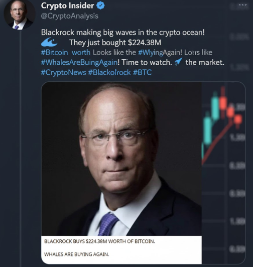 ZianonNetwork's tweet photo. Blackrock making big waves in the crypto ocean! 🌊 They just bought $224.38M worth of #Bitcoin. Looks like the #WhalesAreBuyingAgain! Time to watch the market. WHALES ARE BUYING AGAIN🚀 #CryptoNews #Blackrock #BTC https://t.co/DO6MVaoYrN