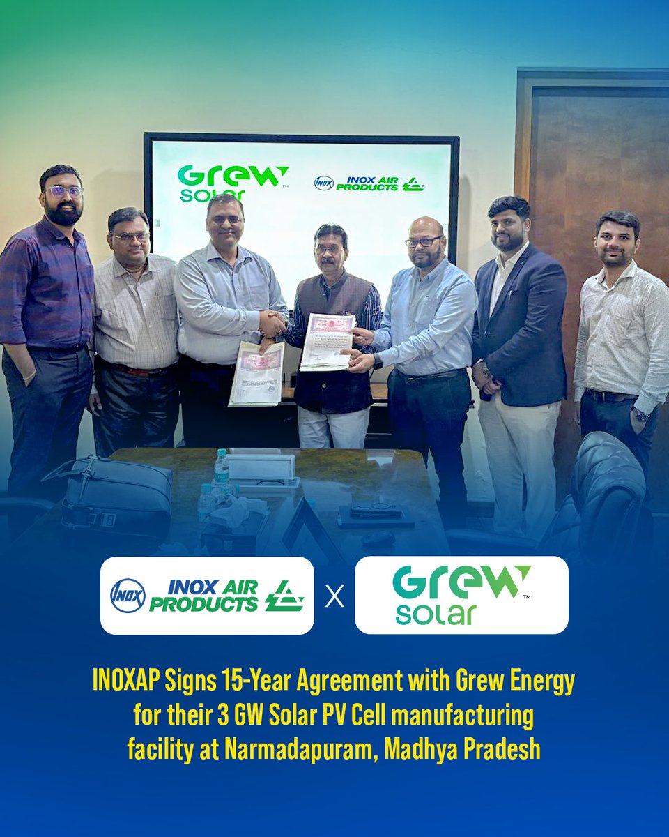 inoxairproducts's tweet photo. Powering India’s Solar Revolution with Precision & Purity.

We are happy to share that INOX Air Products has signed a long-term on-site gas supply agreement with Grew Energy for their upcoming 3 GW Solar PV Cell manufacturing facility at Narmadapuram, Madhya Pradesh.

This collaboration reflects our shared vision to strengthen India’s clean energy ecosystem, support self-reliant manufacturing, and accelerate the nation’s renewable energy goals.

#INOXAirProducts #SolarPower #MakeInIndia