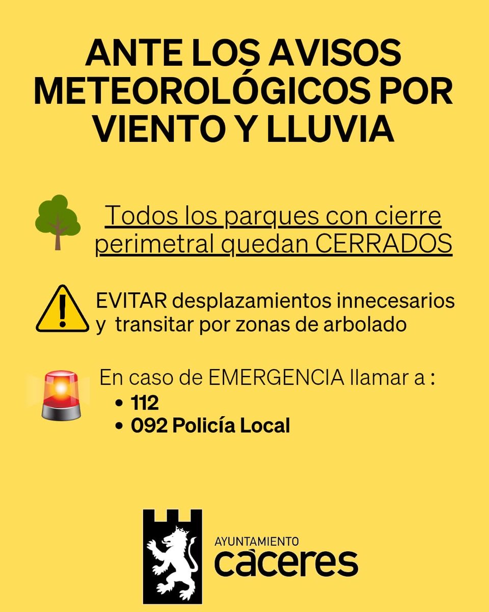 ⚠️Los parques con cierre perimetral permanecerán cerrados durante este episodio de fuerte lluvia y viento.

Se recomienda evitar el tránsito por zona de arboleda. 

En este episodio de avisos, seguir las recomendaciones del 112.