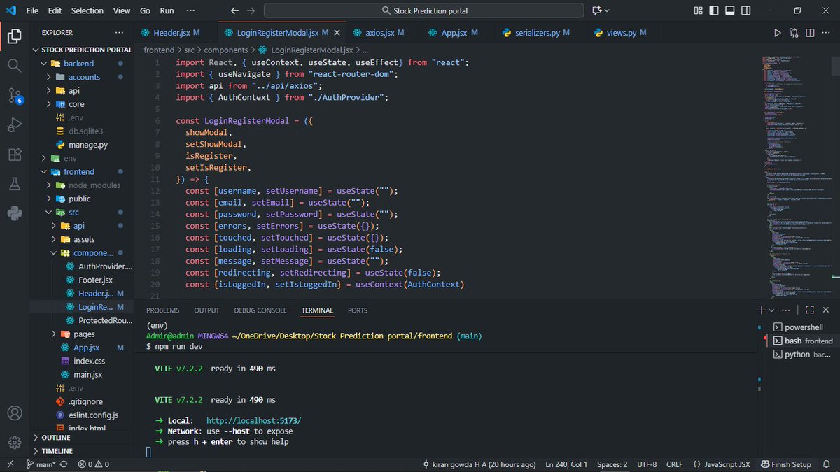 Kiran_Gowda_H_A's tweet image. 🚀 Working on my Stock Prediction Portal using React + Django!

Just added:
🔒 JWT Auth
🛡️ Protected Routes
📊 Dashboard setup
Next: integrating ML for real-time stock predictions 📈
Loving how full-stack + ML come together here!
#ReactJS #Django #machinelearningcode