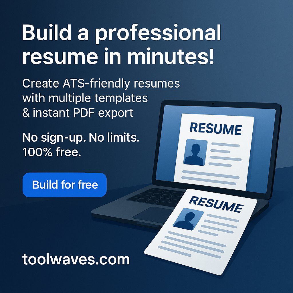 toolwaves's tweet photo. Need a professional resume in minutes?
Create ATS-friendly resumes with clean templates + instant PDF export.
✅ No signup
✅ No limits
✅ 100% free

👉 Try it now: https://t.co/b8Uie25hqk
#ResumeBuilder #JobSearch #CareerTips #ToolWaves https://t.co/5ISRrh08Cm