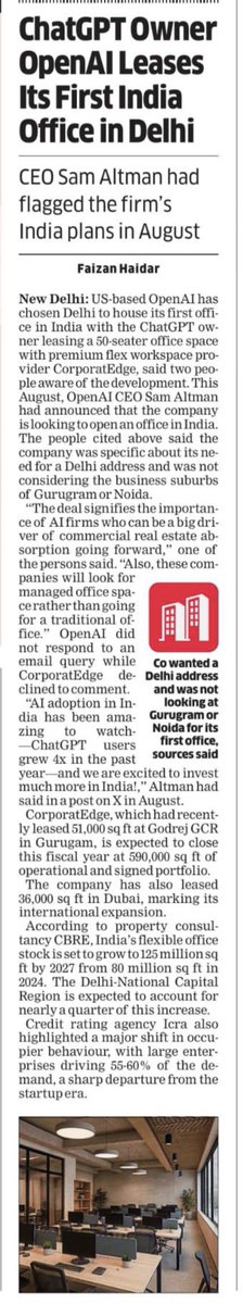 omahuja's tweet image. Exciting milestone for AI in India! OpenAI, creator of ChatGPT, leases its first office in Delhi—signaling huge faith in India’s talent and digital ecosystem. The era of enterprise-driven, flex workspace solutions is here! #OpenAI #ChatGPT #IndiaTech #Delhi #OfficeLeasing