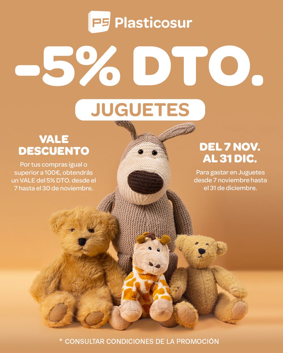 #PROMOCIÓN
👉 Por cada compra igual o superior a 100€, llévate un 5% de #descuento para gastar en JUGUETES 🧸
Podrás disfrutar tu descuento en #juguetes 🪀 del 7 de noviembre al 31 de diciembre de 2025 ✨
🎈 Oferta válida solo en tiendas físicas
🔗 informacioncorporativa.plasticosur.com/descuento-en-j…