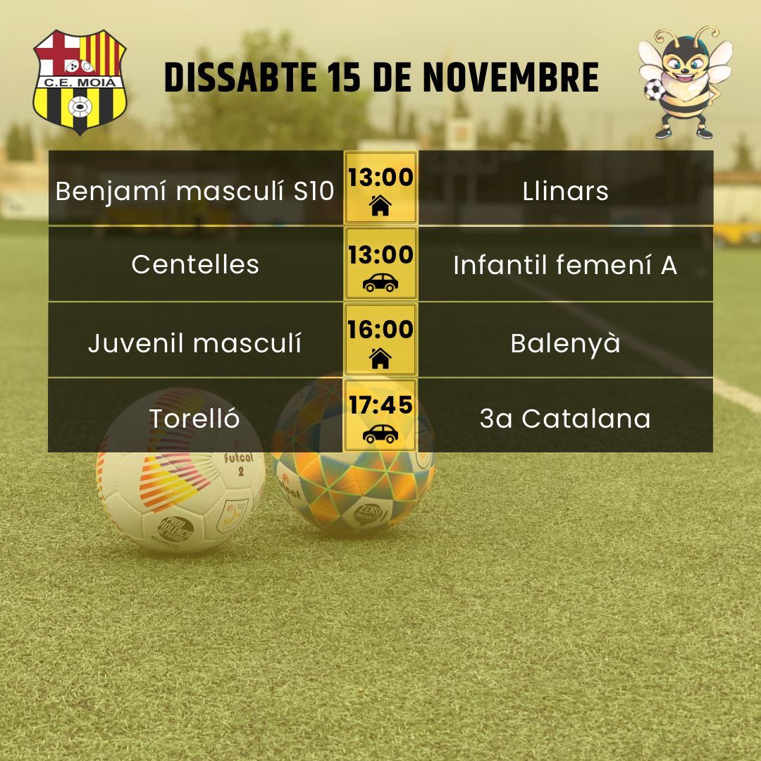 cemoia1922's tweet photo. ⚽️HORARIS CAP DE SETMANA⚽️
Som-hi Moià! 💛🖤
#somhimoià #futbol #moià #fcf #futcat #futfem #futbase #moianès https://t.co/Y15clyHGFF