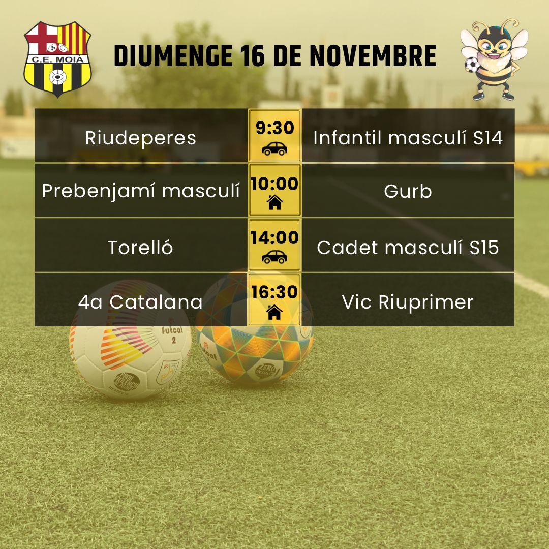 cemoia1922's tweet photo. ⚽️HORARIS CAP DE SETMANA⚽️
Som-hi Moià! 💛🖤
#somhimoià #futbol #moià #fcf #futcat #futfem #futbase #moianès https://t.co/Y15clyHGFF