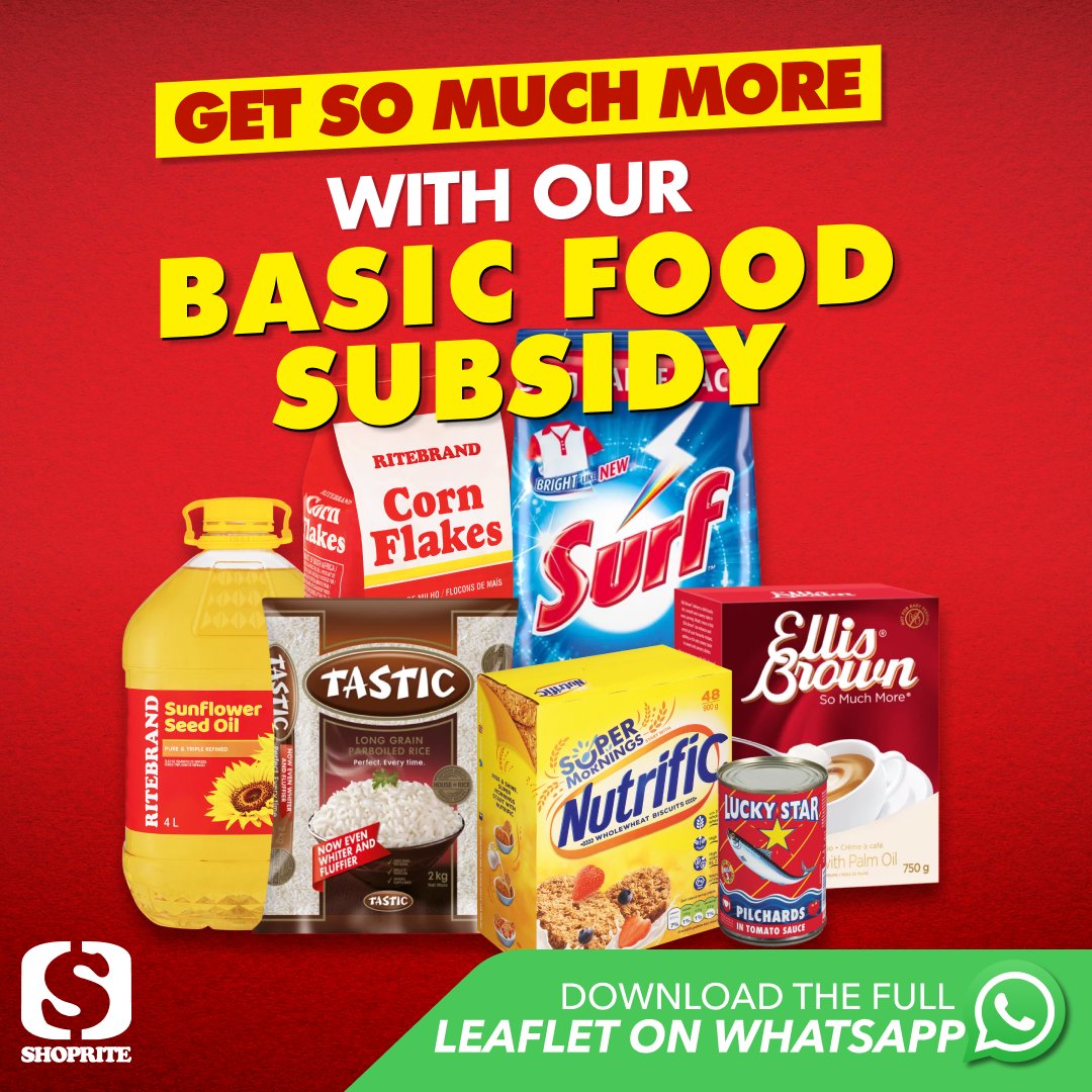 Shoprite_SA's tweet photo. Your essentials just got even cheaper! π Save SO much more with our Basic Food Subsidy π Valid until 19 November 2025. Click to view deals: https://t.co/E4XvsMOrw9 #ShopriteSA #GetSoMuchMore https://t.co/b4xkS9QN0u