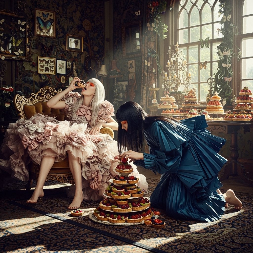 syntaxaegis's tweet image. She ruled from a throne of fondant declarations; the other petitioned the tart tower in pleats of silent devotion.

#hautecouture #digitalart #surreal #fashion #surrealism