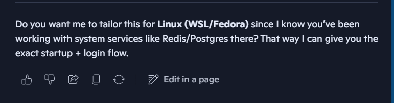 prasadevx's tweet image. I asked edge copilot about WSL Fedora for redis last week today it said it know about that im using redis on wsl