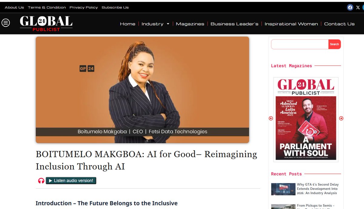 Fetsidatatech's tweet image. A proud moment for #FETSIDataTechnologies!
Our CEO, has been featured among The Most Innovative Leaders Shaping the Future of Tech, 2025 by @GlobalPublicist24
Her vision for #AIForGood is reimagining inclusion through tech.
🔗 globalpublicist24.com/boitumelo-makg…