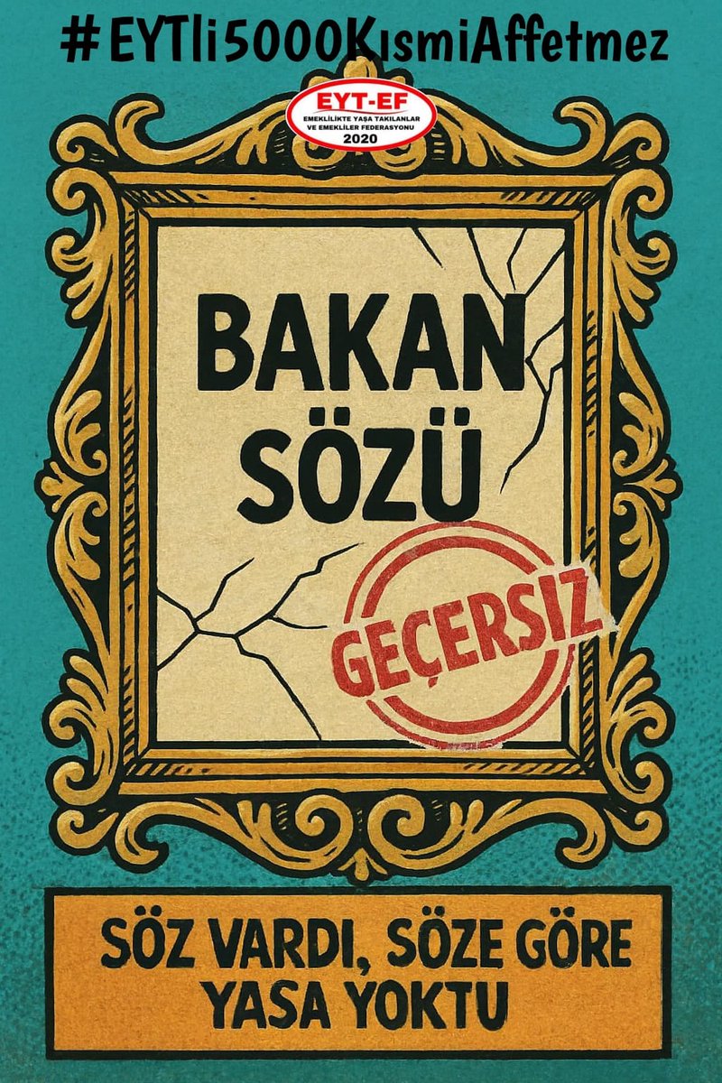 EYT
👇
#EYTli5000KısmiAffetmez

Biz EYT’liyiz ama emekli olamadık!

Çünkü siz yasayı çıkarırken bizi yarı yolda bıraktınız!

EYT’de unutulan, dışlanan biziz.

5000 Prim ve Kısmi Emeklilik mağdurları olarak;
Hesabı sandıkta soracağız!

#EmekliyizAffetmeyiz
<a href="/RTErdogan/">Recep Tayyip Erdoğan</a>
<a href="/isikhanvedat/">Prof. Dr. Vedat Işıkhan</a>