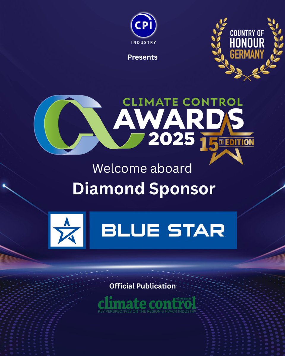The Climate Control Awards 2025, welcomes aboard Blue Star Limited as the Diamond Sponsor to this milestone celebration. 
🗓️ 27th November 2025
📍Le Méridien Dubai Hotel &amp; Conference Centre

Secure your participation today: icont.ac/51a0O

#CCMENews #HVAC #HVACR