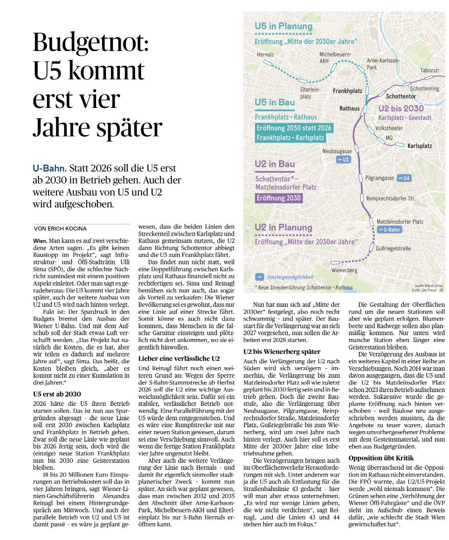 Die hoch verschuldete <a href="/Stadt_Wien/">Stadt Wien</a> stellt Arbeitnehmer ein als gäbe es kein Morgen, überzieht die Stadt mit neuen Radwegen, überrollt die Bürger mit einer Gebührenlawine und verschiebt jetzt den Betrieb der sündteuren U5 nach hinten. Um Betriebskosten zu sparen. 🤷🤷🏼‍♂️