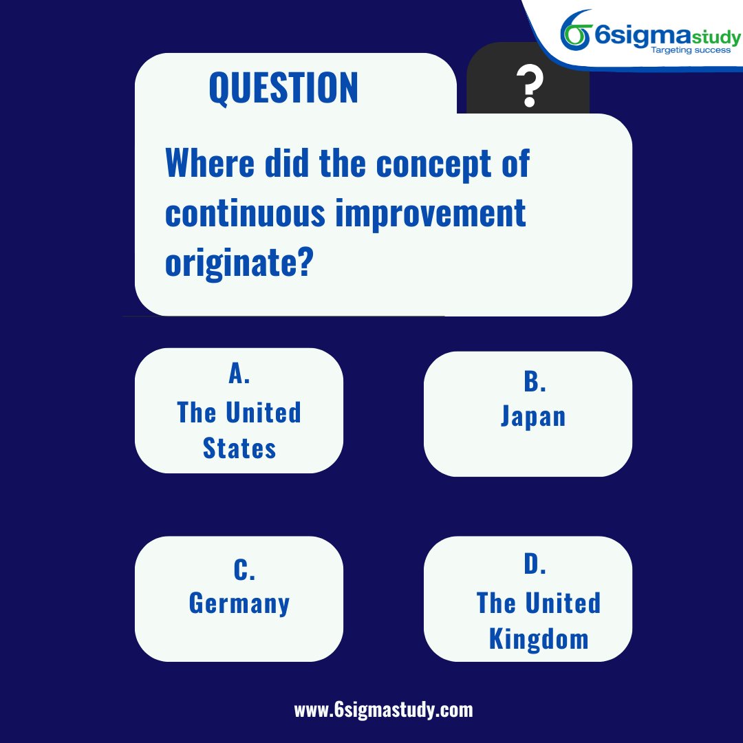 6sigmastudy's tweet photo. Time for a quick quality management quiz! 🤔
Where did the widely recognized concept of continuous improvement originate?

A. The United States
B. Japan
C. Germany
D. The United Kingdom

Share your answer in the comments below!

👇 The correct answer will be revealed soon. https://t.co/KTu0z0Z0bJ