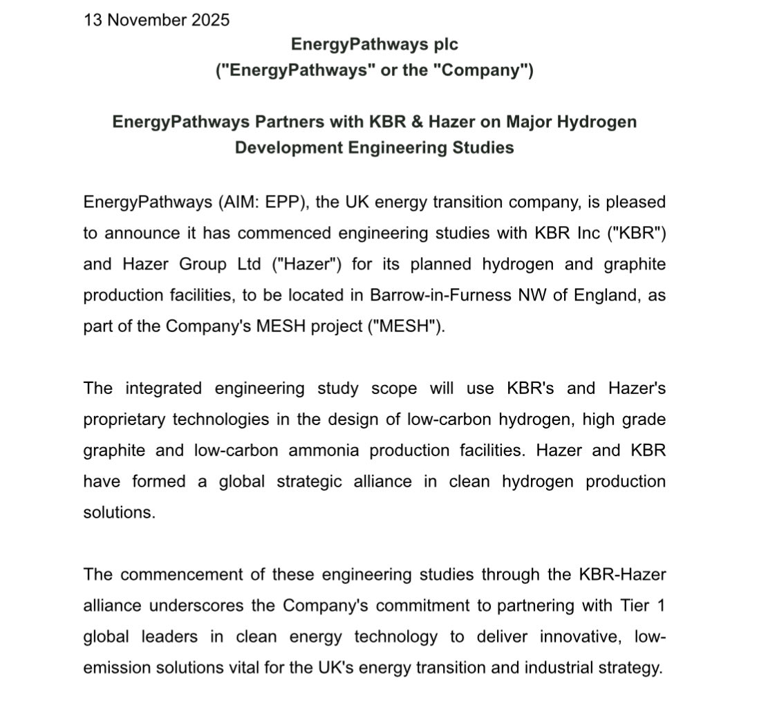 Another great RNS from #EPP <a href="/energy_pathways/">EnergyPathways</a> announcing it has entered into a binding agreement with <a href="/hazergroupltd/">Hazer Group Ltd</a> and KBR to commence the first large-scale commercial project under the Strategic Alliance.

The study solidifies the MOU for planned hydrogen and graphite