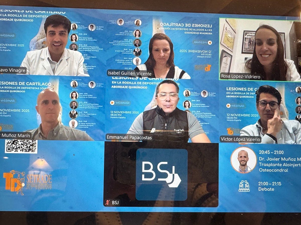 DraIsaGuillen's tweet photo. Ayer participé en el webinar de @SETRADEORG sobre lesiones de cartílago, un tema clave en traumatología y medicina deportiva.
Un placer compartir experiencias y seguir avanzando en el conocimiento de la medicina regenerativa. 💪🩺
#SETRADE #COT #Traumatología #Cartílago https://t.co/nkYjiK8kMo