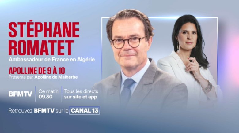 Au lendemain de la libération de Boualem Sansal, l’ambassadeur de France en Algérie est mon invité exceptionnel dans « Apolline de 9 à 10 » sur <a href="/BFMTV/">BFMTV</a> Ce sera sa 1ère prise de parole à la télévision.
