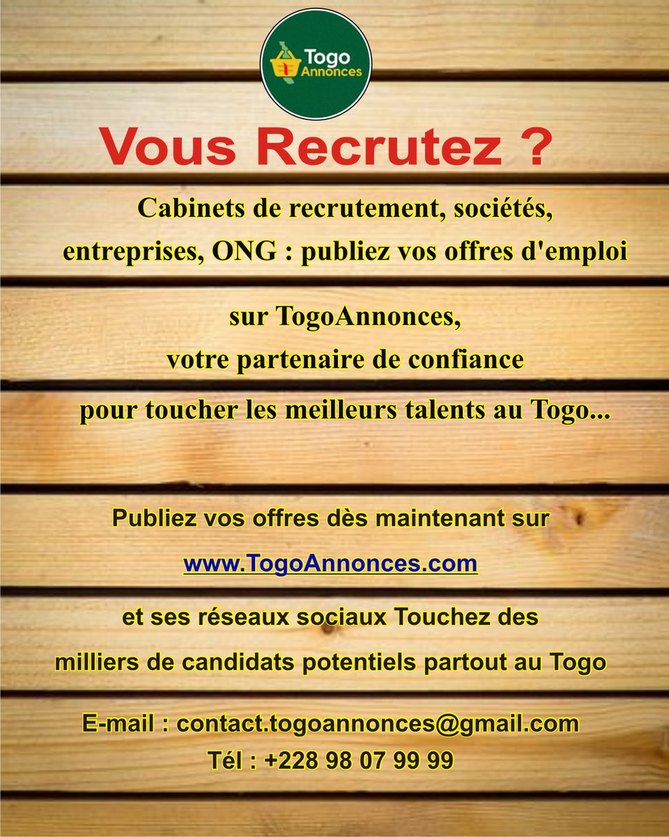 🚀 Faites décoller vos recrutements !
Entreprises, sociétés, ONG, cabinets de recrutement : publiez vos offres sur TogoAnnonces.com et touchez les meilleurs talents du Togo 🇹🇬
#TogoAnnoncesEmplois