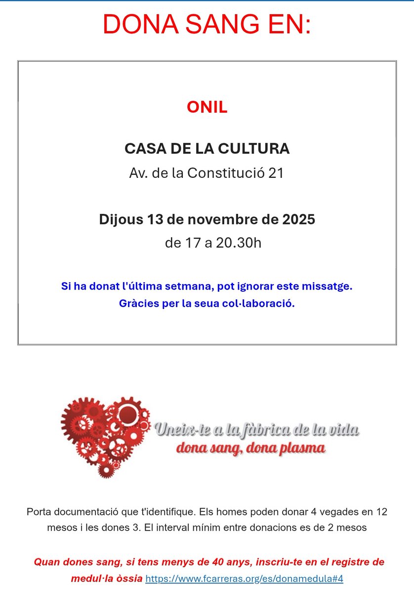 Donació de sang🩸a #Onil; 13 de novembre 2025, de 17 a 20.30h, al Centre Cultural Eusebio Sempere d'Onil (Av. Constitució, 21).
Amb la teua #donaciódesang col.labores amb hospitals en l'atenció dels malalts. La teua ajuda pot salvar la vida de 3 persones.
<a href="/GVAdonasang/">GVA Dona Sang</a>  #dónasang