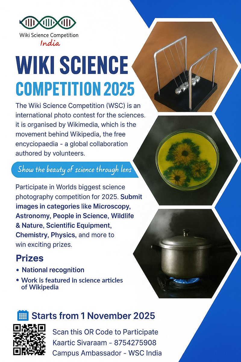 kaartics's tweet photo. WikiScience competition is live now.

Check out the poster. The competition is live from now until 15 December 2025. Retweet for wider reach. Feel free to reach me for any queries!

Website: https://t.co/ZKsTvhr16x https://t.co/0mQg0agu7n