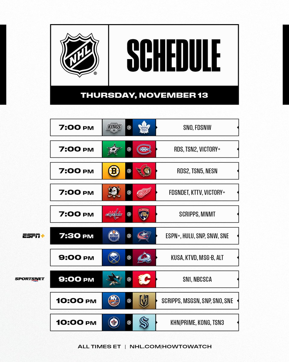 A 10-game Thursday features 20 teams facing off across the League including two national broadcasts on <a href="/ESPNPlus/">ESPN+</a> and <a href="/Sportsnet/">Sportsnet</a>.
