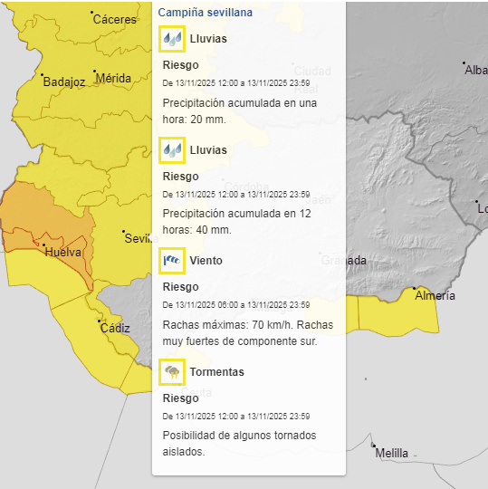 🟥El <a href="/Ayto_Sevilla/">Ayuntamiento de Sevilla</a> activa el Plan Territorial de Emergencias de Sevilla en fase Preemergencia Nivel 1 ante los pronósticos oficiales de <a href="/AEMET_Esp/">AEMET</a> para la jornada de hoy en #Sevilla y la activación de los siguientes avisos #Aemet por fenómenos meteorológicos adversos:
🟨Nivel