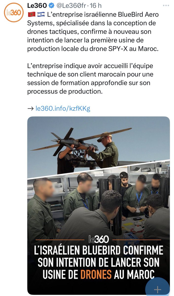 Le Maroc construit les drones sionistes qui massacrent les palestiniens.

Le média moorish <a href="/Le360fr/">Le360</a> affiche fièrement cette alliance.

Le Maroc utilise ces mêmes drones pour massacrer les sahraouis.

Palestine 🇵🇸 et Sahara Occidental 🇪🇭 se battent contre le même ennemi colon.