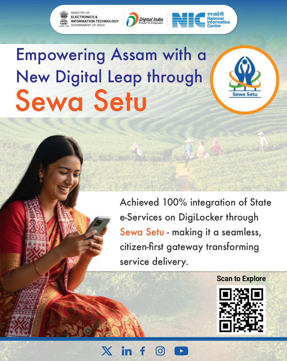 NICMeity's tweet image. Assam has achieved a major milestone in #DigitalGovernance by integrating all State e-Services with #DigiLocker through Sewa Setu platform.

#SewaSetu enabled citizens to securely access 500+ services and documents digitally—making governance faster, paperless &amp;amp; citizen-centric.