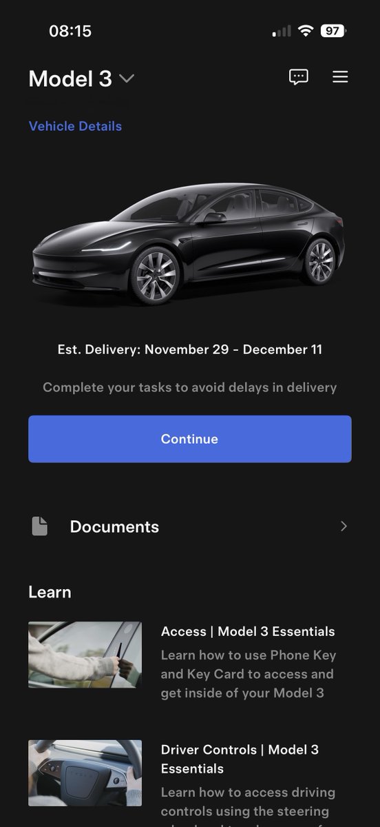❗️Tag 1 nach der Tesla Model 3 Bestellung:
In der App habe ich nun eine Rechnung zur Zahlung des Fahrzeugs, hier hat Tesla Verbesserungspotential, ich habe keine Email/App Benachrichtigung darüber erhalten.
Das Lieferdatum des Wagens wird auf den 29.11.-11.12. konkretisiert.