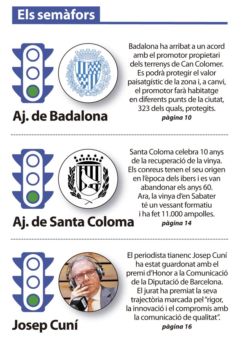 🚦 Triplet de verds als semàfors del #LíniaNord

🟢 Per a l'<a href="/AjBadalona/">Ajuntament de Badalona</a> i l'acord amb el propietari de Can Colomer
🟢 Per a l'<a href="/scgramenet/">Aj. Sta. Coloma Gram</a>, que celebra 10 anys de la recuperació de la vinya
🟢 Per a <a href="/JosepCuni/">Josep Cuní</a>, tianenc guardonat premi d'Honor a la Comunicació de la <a href="/diba/">Diputació de Barcelona</a>