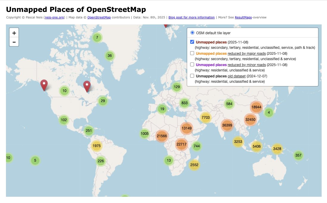 pascal_n's tweet image. Just updated my &quot;Unmapped Places of @OpenStreetMap&quot; world.

It highlights settlements that still lack proper mapping, showing where the #OpenStreetMap is still blank or missing information. 🌍

👉 resultmaps.neis-one.org/unmapped#2/35.…

#30DayMapChallenge #OpenStreetMap #Mapping #OSM