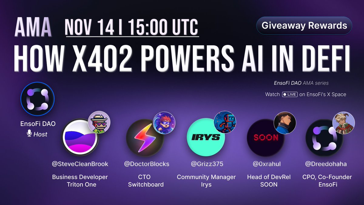 ensofi_dao's tweet image. 🎙AMA: The Agent Economy with Irys, Switchboard, SOON, Triton One, EnsoFi

Discover how x402 unlocks real-time payments, verified data, and automated DeFi strategies, paving the way for an internet run by agents.

📍EnsoFi DAO X Space
📍Fri, Nov 14th | 15:00 UTC

Featuring:…